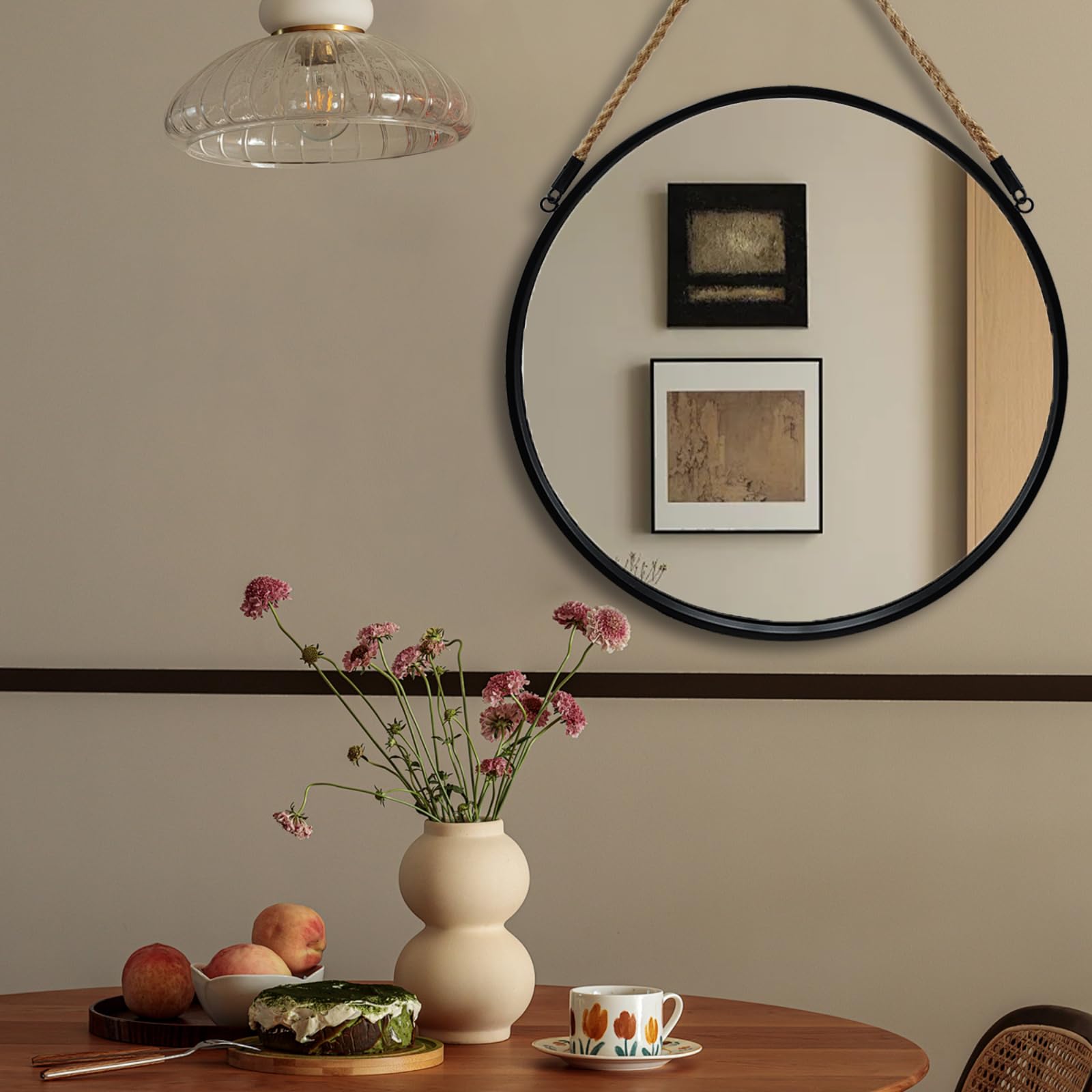 POZINO Large Round Hanging Mirror, Circle Wall Mirror with Rope, 30 Inch Black Frame Farmhouse Mirror for Bathroom Bedroom Living Room Entryway Home Decor