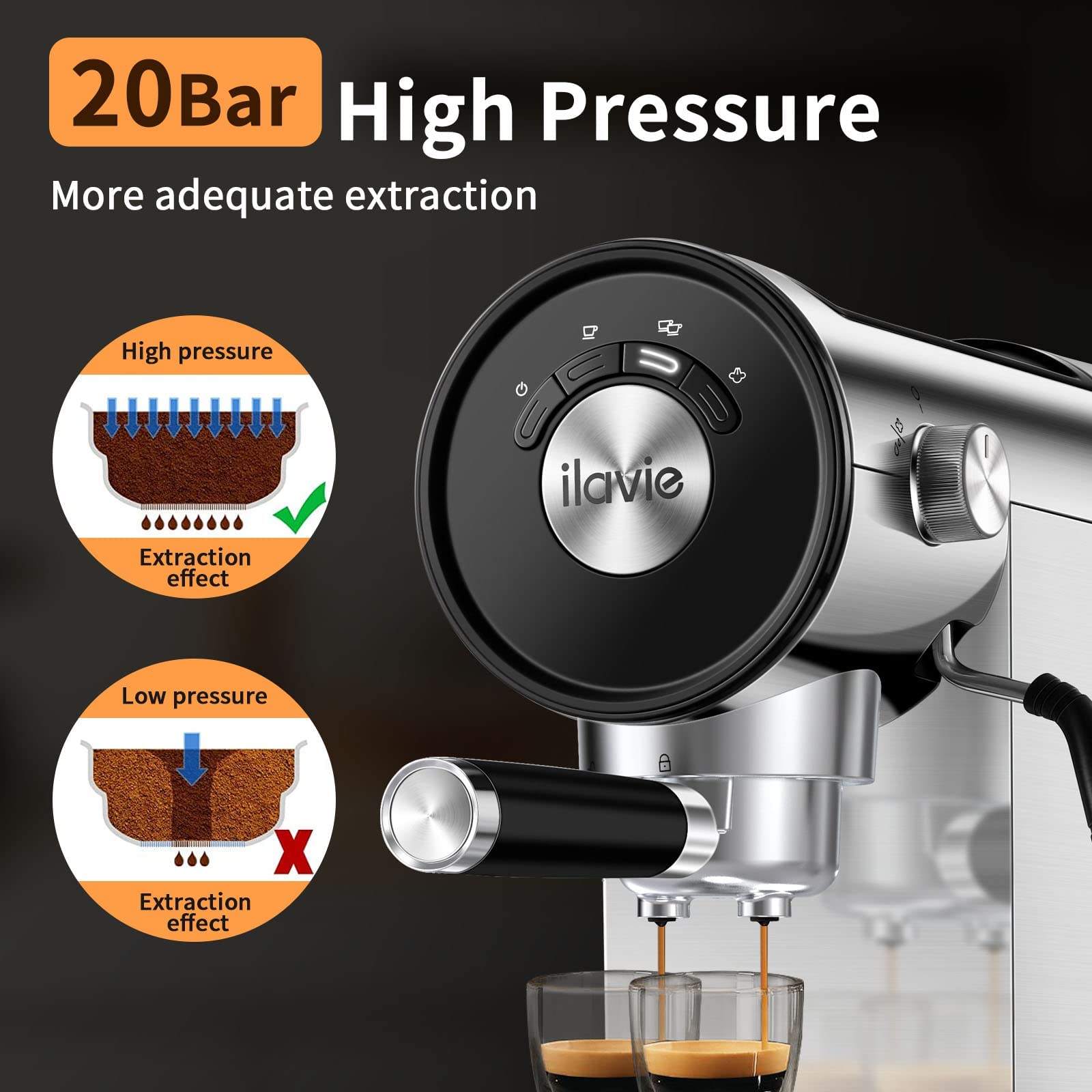 ILAVIE 20Bar Espresso Coffee Machine, Espresso Maker with Steamer for Cappuccino, Latte, Espresso Machine for Home Use, 900ml Removable Water Tank, Stainless Steel