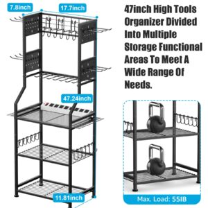 CCCEI Garage Small Power Tools Organizer Floor Stand, Drill and Battery Storage Rack with Charging Station, All Metal Tool Shelf with Pegboard and Hooks, Gift for Men.