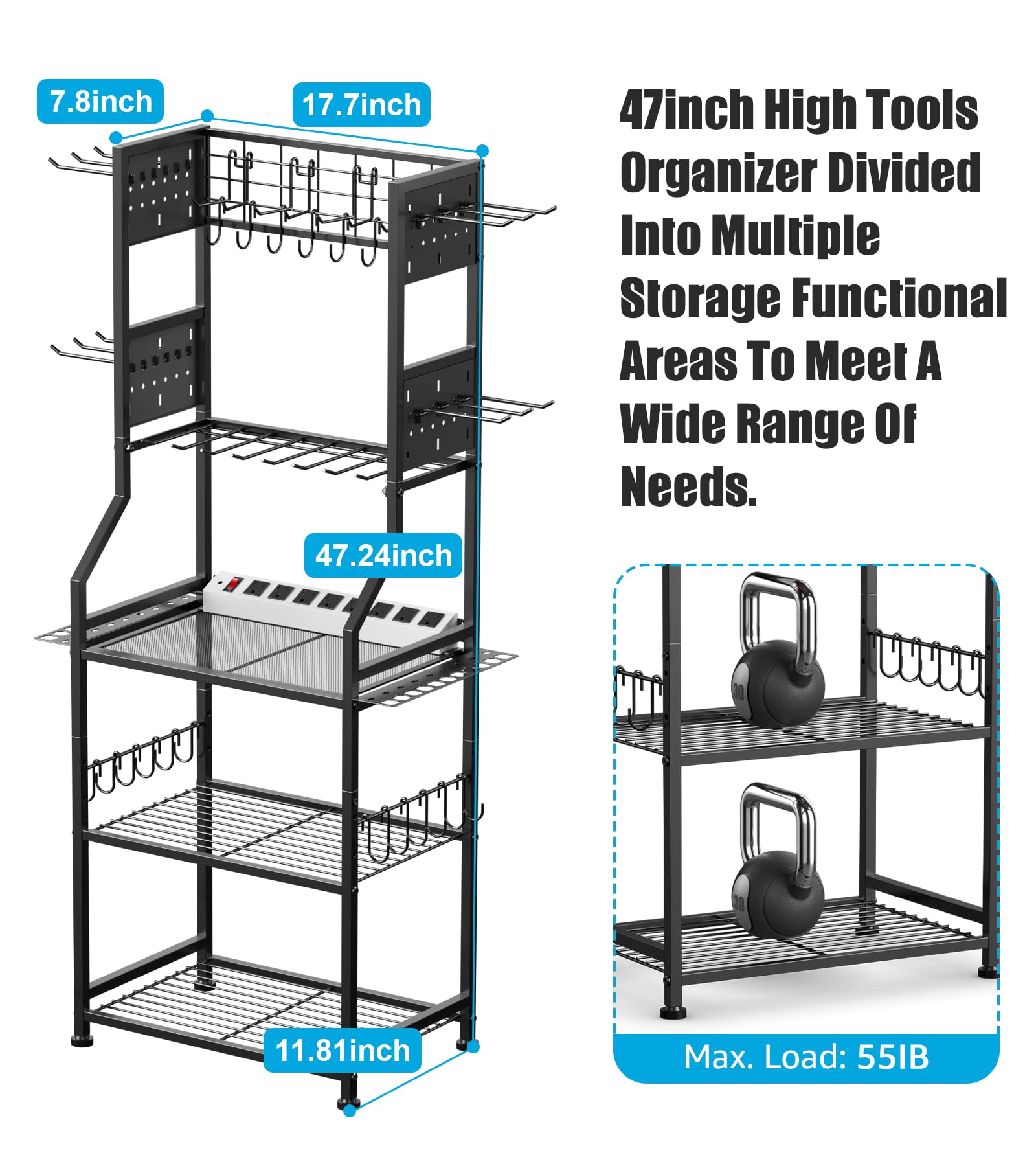 CCCEI Garage Small Power Tools Organizer Floor Stand, Drill and Battery Storage Rack with Charging Station, All Metal Tool Shelf with Pegboard and Hooks, Gift for Men.