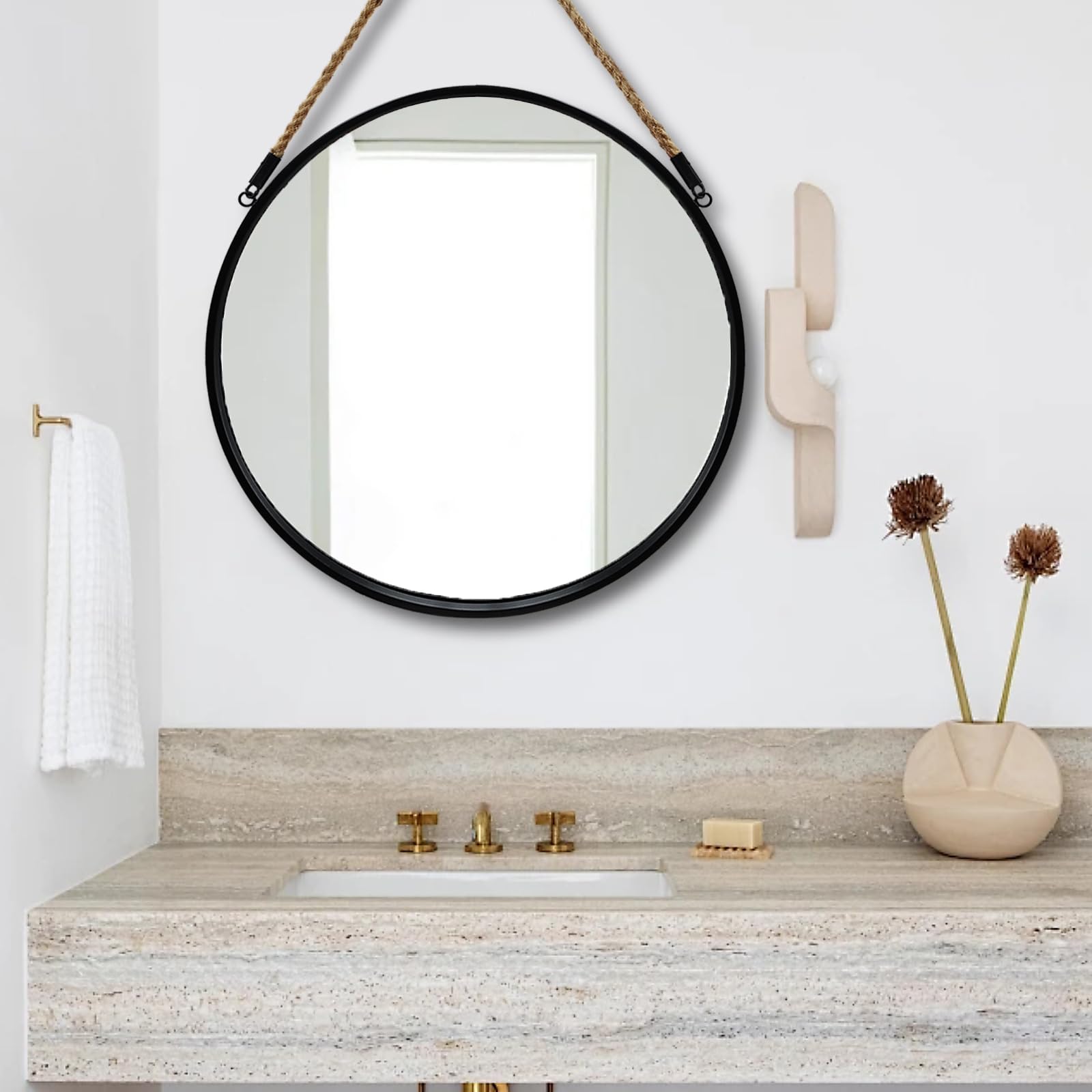 POZINO Large Round Hanging Mirror, Circle Wall Mirror with Rope, 30 Inch Black Frame Farmhouse Mirror for Bathroom Bedroom Living Room Entryway Home Decor