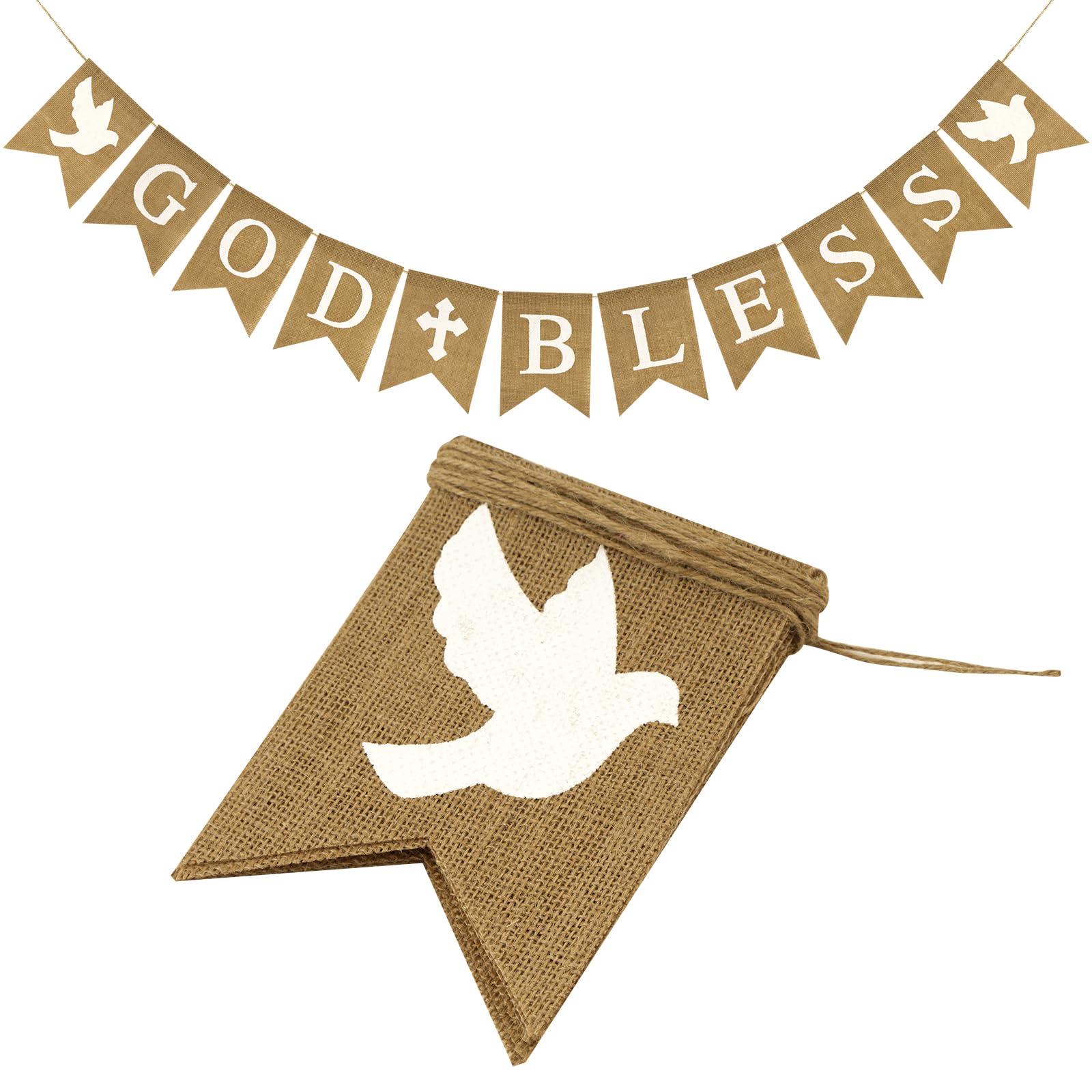 GCQQ God Bless Banner, Pre-strung God Bless Burlap Banner, Neutral God Bless Banner with Pigeon, Rustic First Communion Banner for Boys or Girls, God Bless Banner for Baby Shower, Wedding Party Banner