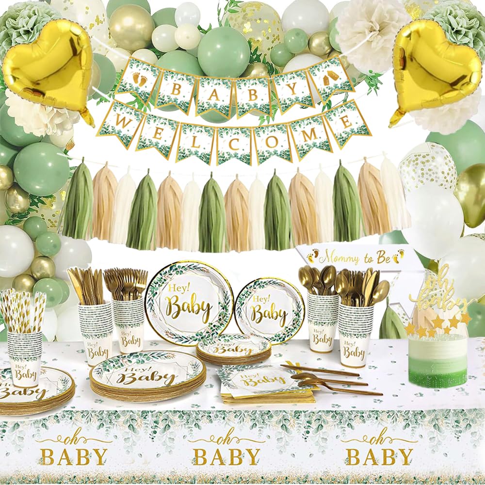 JerDorgo Baby Shower Decorations, 220 Pcs Sage Green Baby Shower Decorations Kits with Party Plates and Napkins Sets, Baby Shower Decor Party Supplies with Banner, Balloons, Sash, Cake Topper