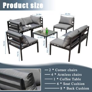 Homsido Outdoor Patio Furniture Set,Outdoor Chairs Set Sectional Sofa Patio Conversation Set，Porch Patio Chat Set with Tempered Glass Table top Coffee Table and Grey Cushions