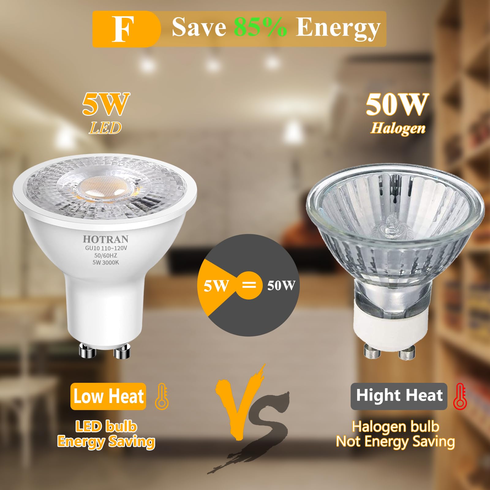 HOTRAN GU10 Led Bulb 5W 3000K, Flicker-Free Soft Warm Light Non-Dimmable Bulbs, 365LM, 40° Spot Light, Energy Saving Light Bulbs, Equivalent 40-50W GU10 Halogen Spotlight Bulbs