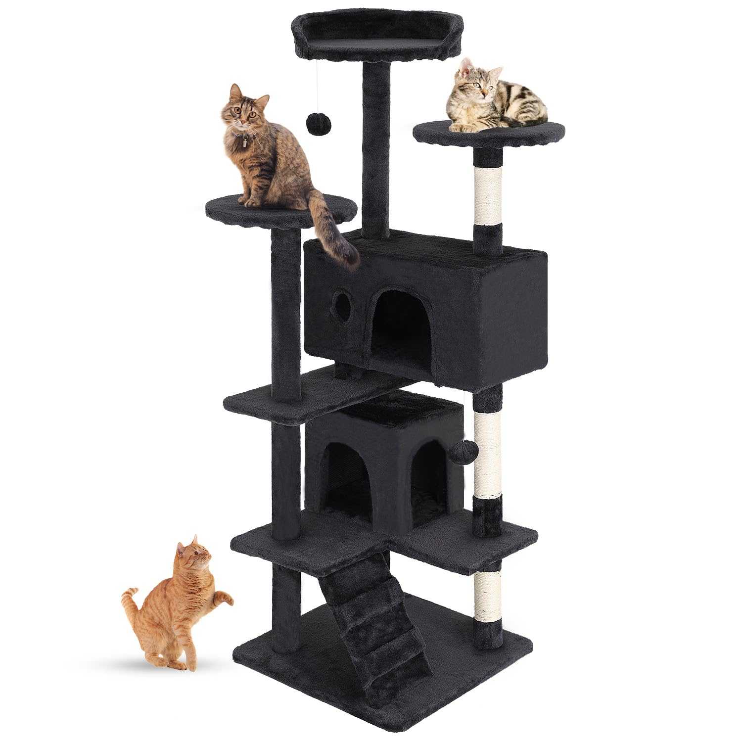 FDW Cat Tree 54in Cat Tower Multi-Level Durable Cat Scratching Post & Cozy Fun Cat Jumping Platform Space Saving Cat Condo Pet Play House for Indoor Cats,Dark Gray