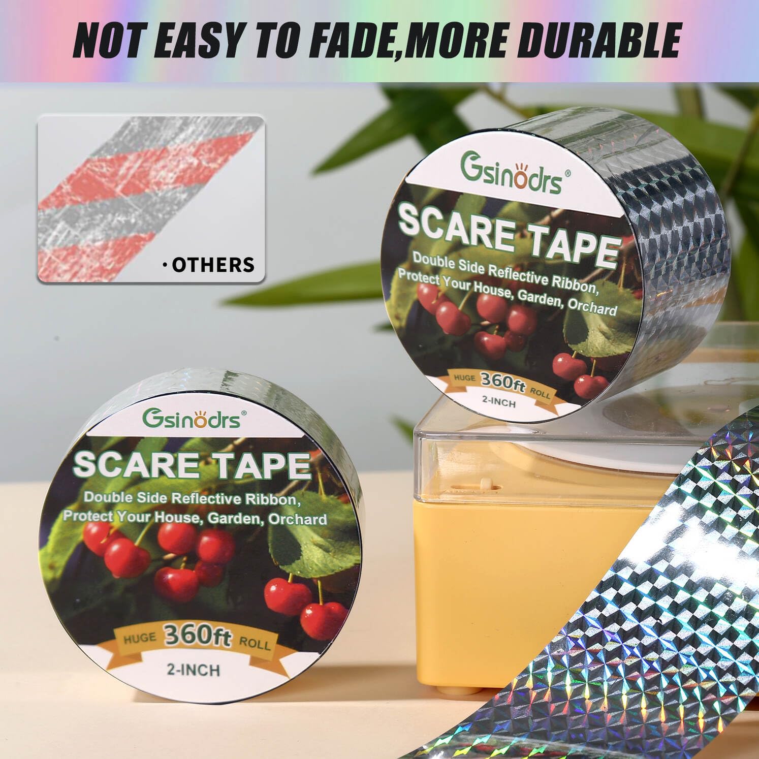 Bird Tape Repellent - Double Reflective Tape Ribbon, Bird Scare Tape, Effective Against Birds and Animals, Ideal for Gardens, Orchards, Farms and Outdoor Areas(2IN * 360FT)