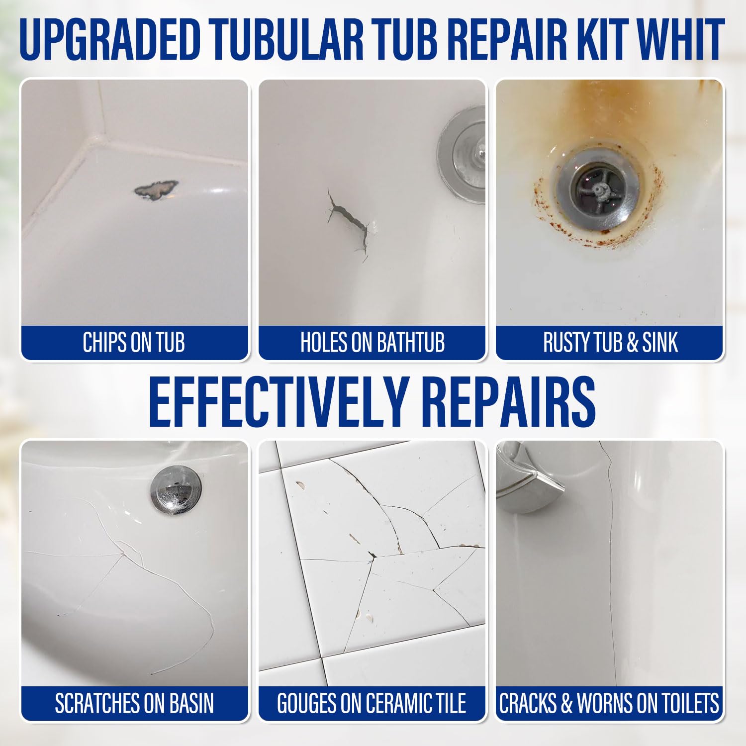 Bathtub Repair Kit White, Bathtub Enamel and Fiberglass Tub Repair Kit, Fix Chips, Patches, Cracks, Peelings, Holes & Scratches on Bathtub, Tile, Shower, Tray in Bathroom, for Acrylic, Porcelain