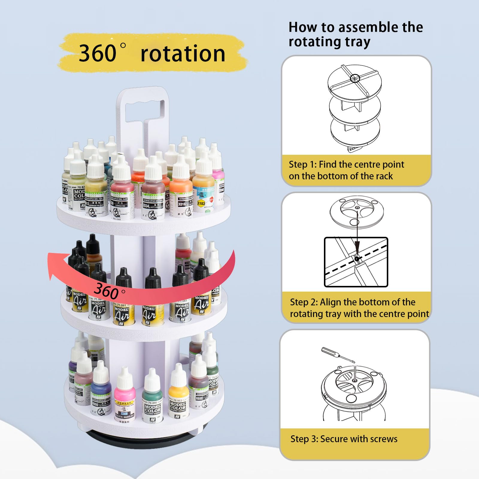 SANFURNEY 3 Tiers Spinning Paint Organizer Rack for 17ml Paint Dropper Bottle, 60 Holes Craft Paint Rotating Tower, Desktop Paint Storage Holder Stand for 17ml Vallejo, Army Painter, AK Interactive