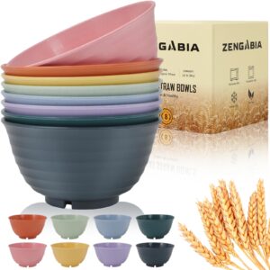 zengabia wheat straw bowls, 34 oz large plastic cereal bowls sets of 8, unbreakable deep soup bowl reusable microwave dishwasher safe bpa-free for salad noodle ice cream, multicolor