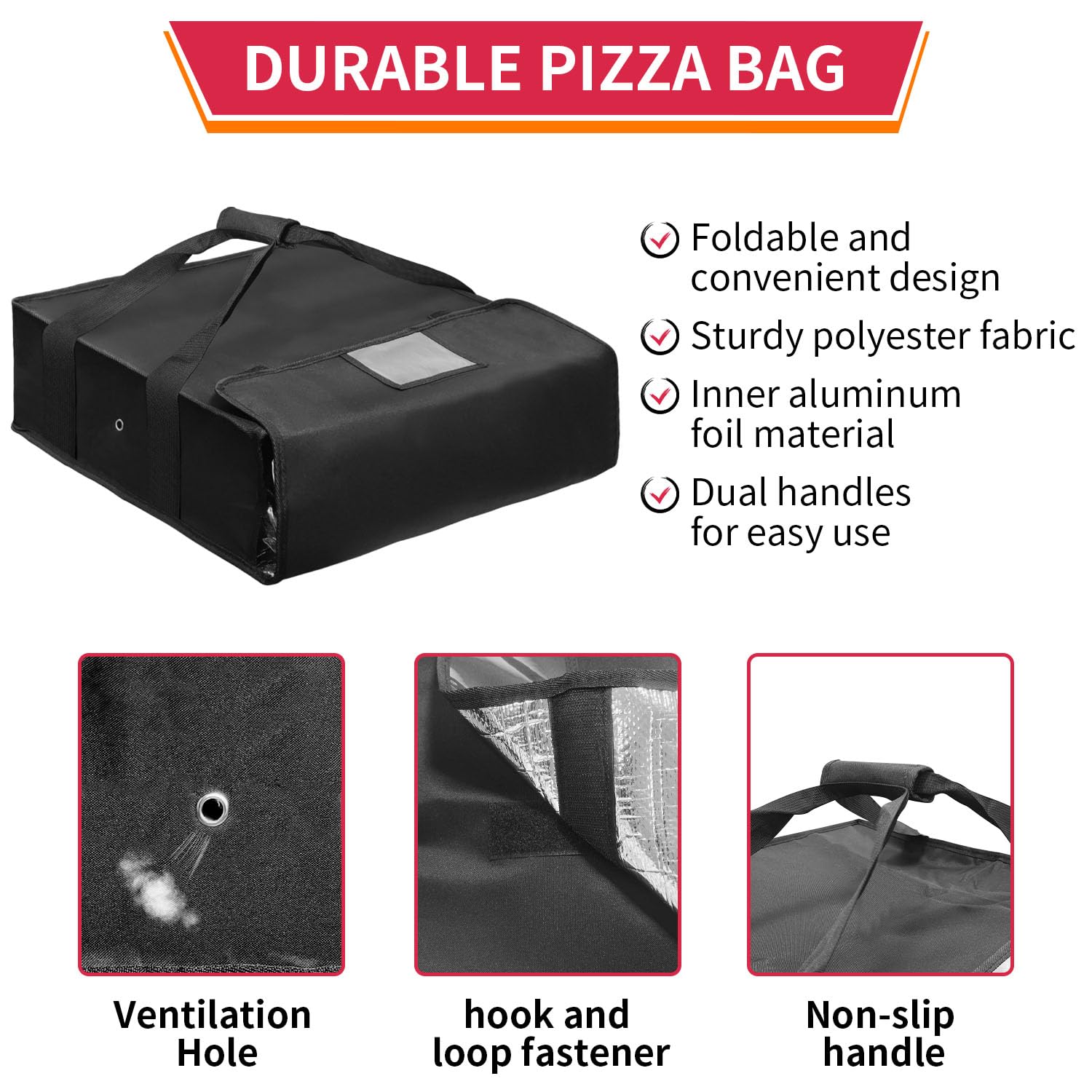 BOHEMIABY Pizza Bags for Large Pizza Warmer Bag, 20 X 20 in Food Carrier Insulated Bag, Reusable Pizza Bag with Label Window, Water Proof Bag with Double Handle Black