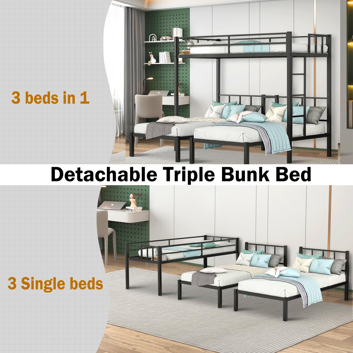 EMKK Bunk Bed Twin Over Twin Metal Bunk Bed with Trundle - Contemporary Space Saver for Kids and Teens,3 in 1 Triple Bunk Bed with Trundle,Bunk Beds Frame,Convertible Bunkbed with Safety Guard Rails