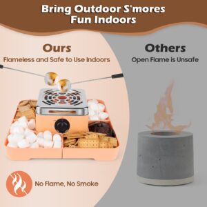 ARNVCS Indoor Smore Maker Electric, S'mores Maker Tabletop Indoor, Marshmallow Roaster Table Top with Flamesless Heater & 4 Serving Trays & 4 Skewers for Chocolate, Family Kids Fun-Peach Color