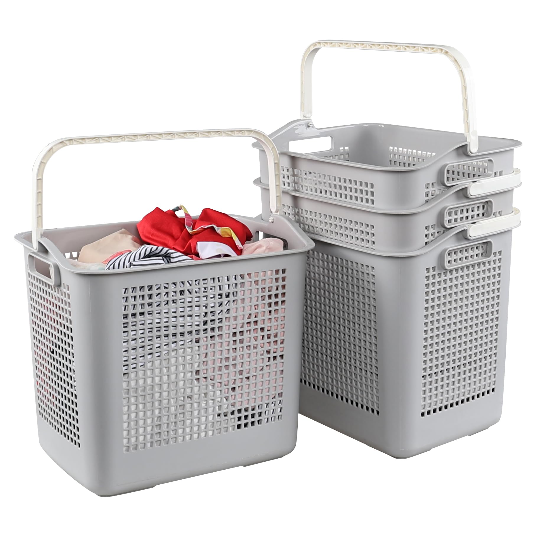 Jnktka 4-Pack 35 L Plastic Laundry Storage Basket, Laundry Hamper Basket with Handle, Gray