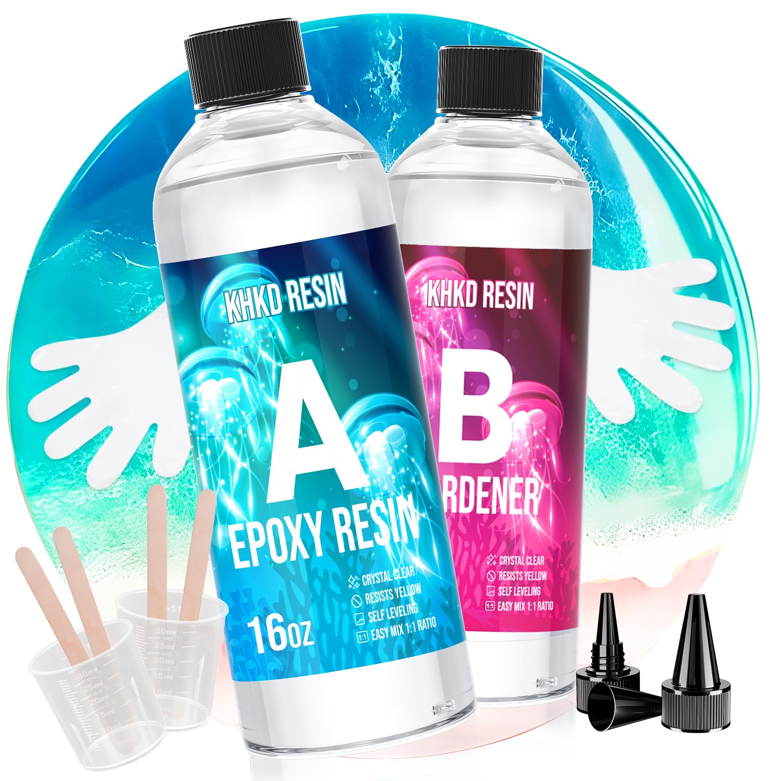 KHKD RESIN Crystal Clear Epoxy Resin Kit, 32OZ Art Resin and Hardener Kit - No Bubble & Yellowing, UV Resistant, Food Safe Epoxy Resina Epoxica for DIY Crafts Jewelry Coasters Countertop Coating