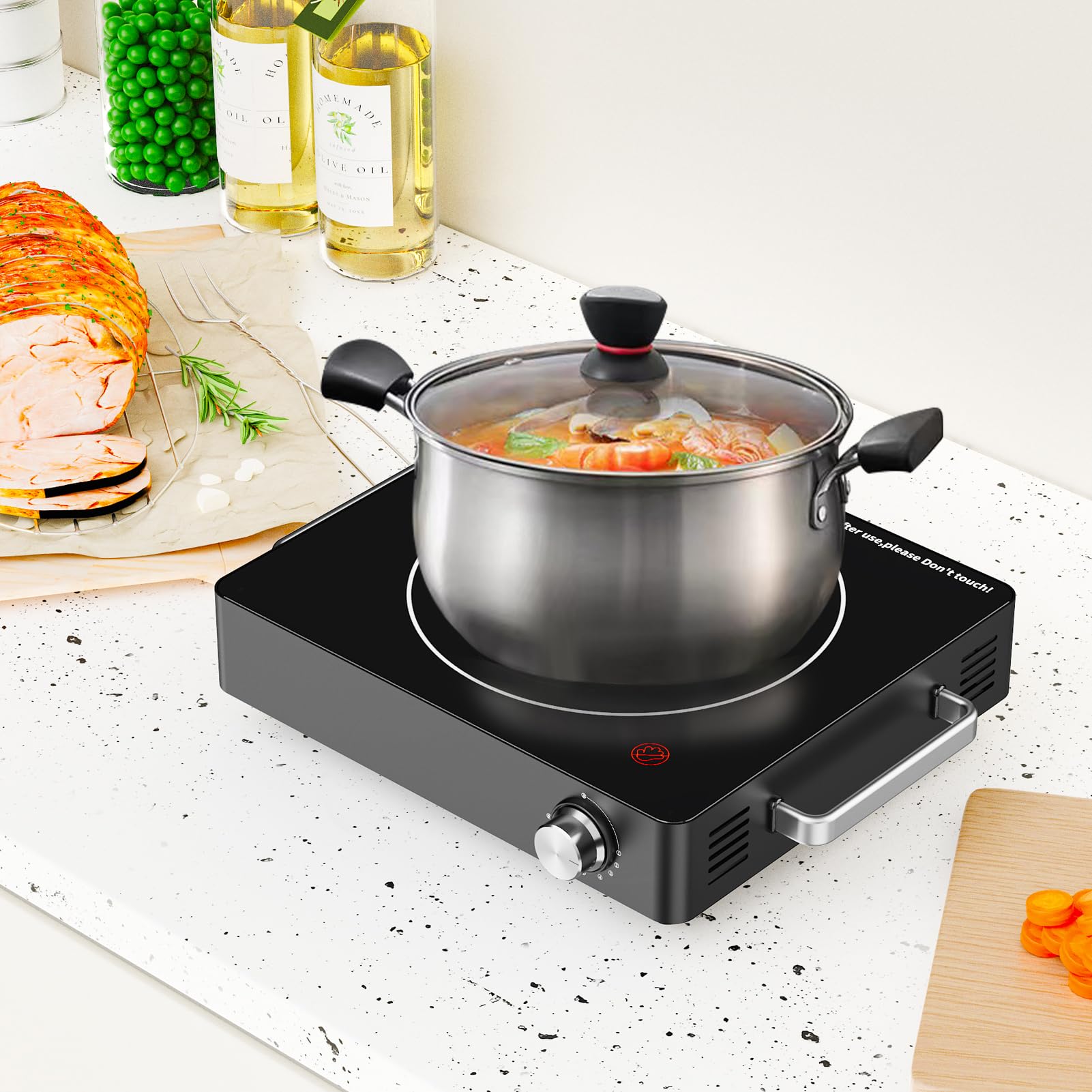 Rodzj Electric Hot Plate for Cooking, 1400w Portable Infrared Burner,7 In Single Burner Electric Glass Cooktop,9 Level Temperature Setting&Easy to Clean,Countertop Electric Stove for Home Kitchen Apt