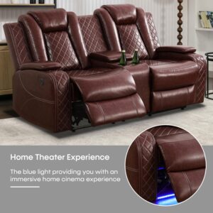 Caberryne Power Recliner Sofa Set with LED Lights,Leather Reclining Loveseat with Double Recliner/USB Port/Storage Console/Cup Holder,Living Room Furniture for House/Home Theater(Loveseat,Wine Red)