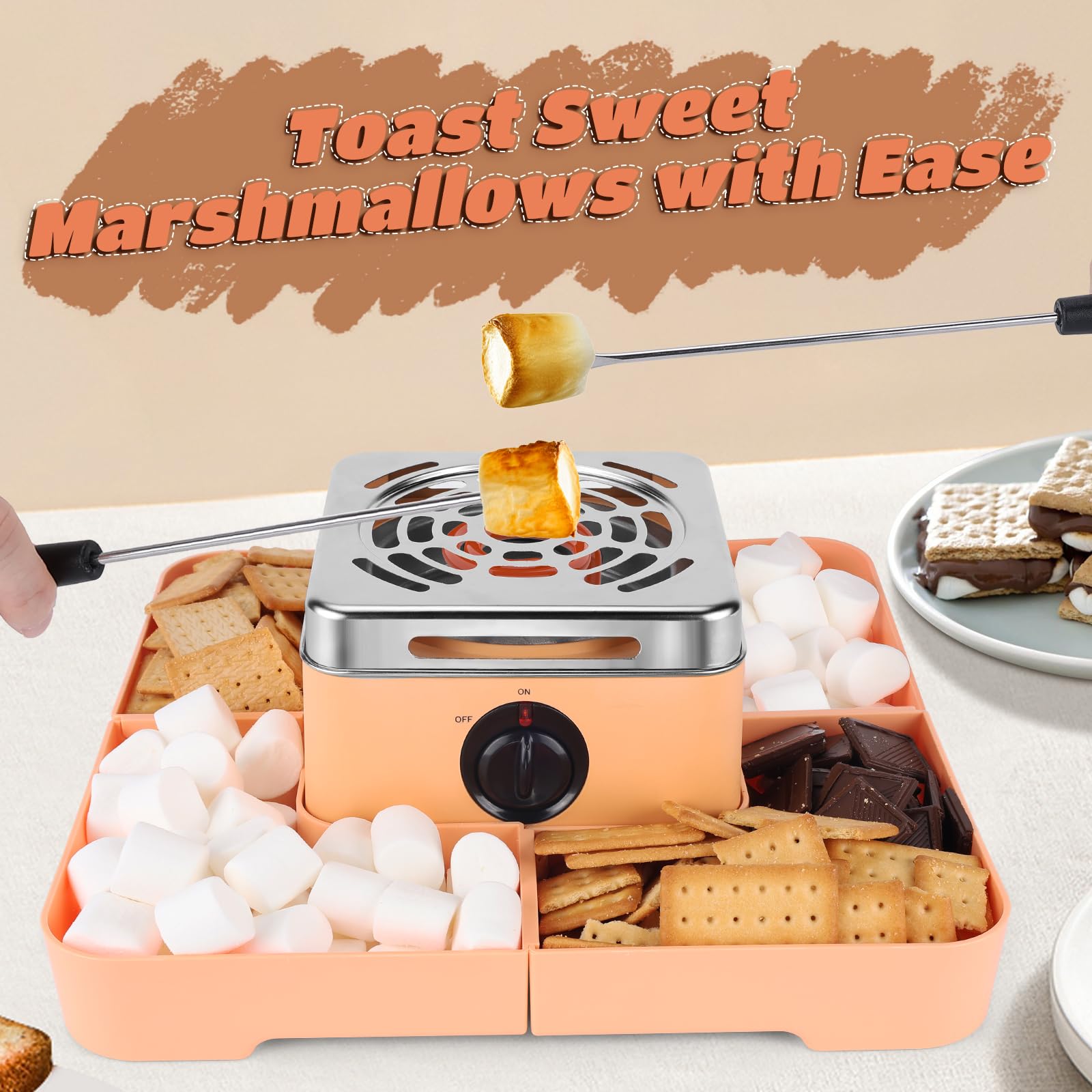 ARNVCS Indoor Smore Maker Electric, S'mores Maker Tabletop Indoor, Marshmallow Roaster Table Top with Flamesless Heater & 4 Serving Trays & 4 Skewers for Chocolate, Family Kids Fun-Peach Color