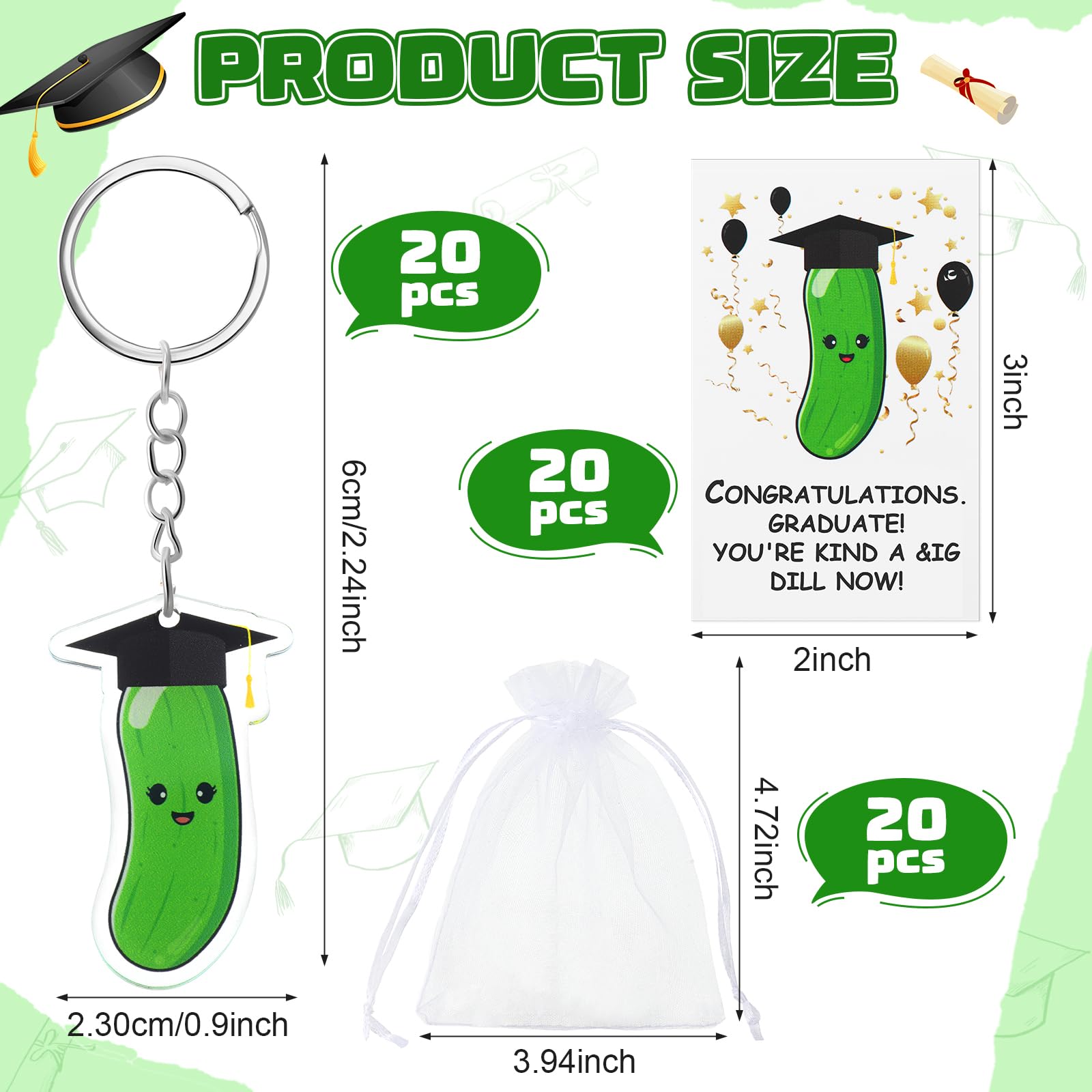 JaGely 20 Sets 2024 Graduation Gifts Graduation Inspirational Positive Pickle Keychains Emotional Support Keychains Bulk Positive Cucumber Pickle with Funny Card and Card Bags for Student School Party