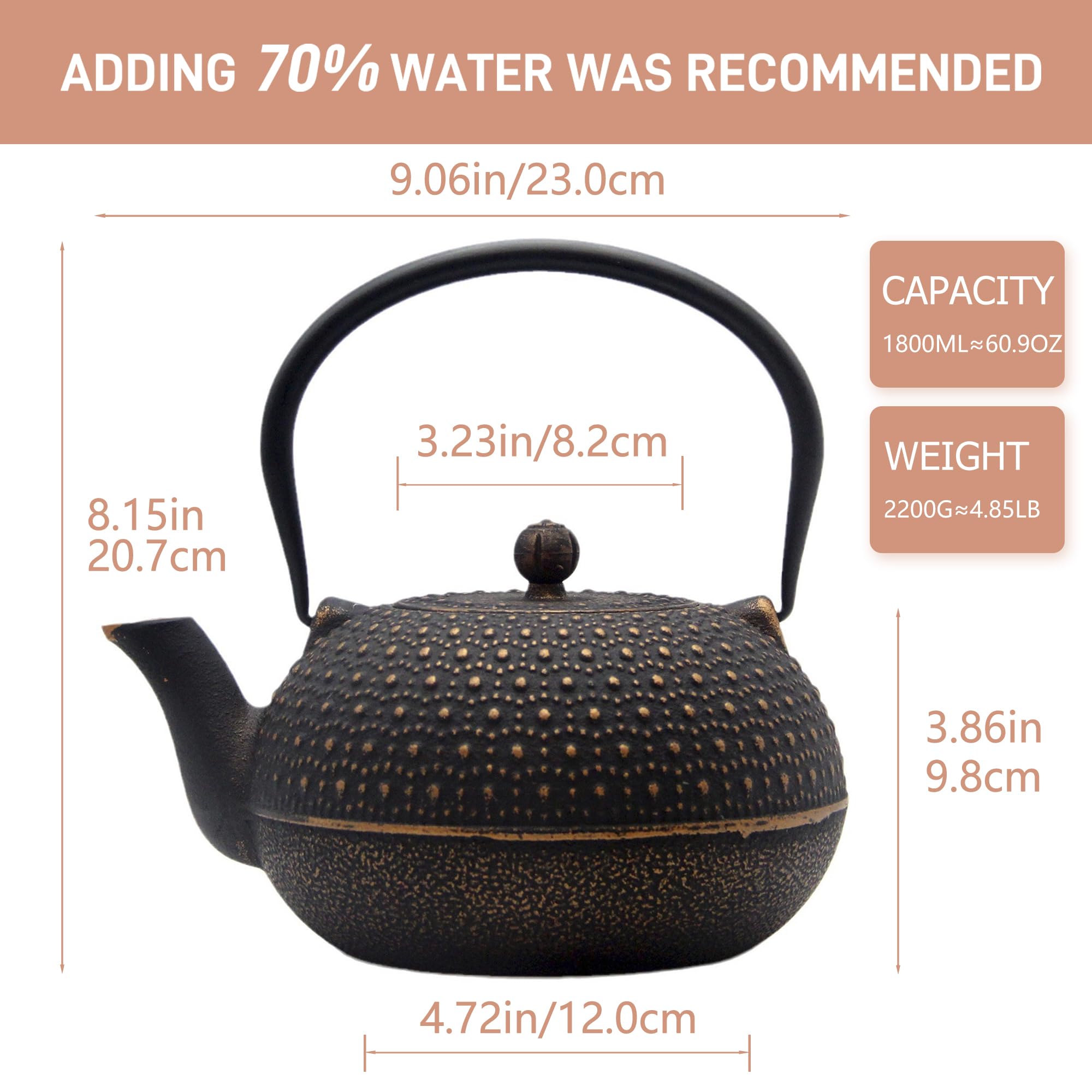 60.9oz Large Cast Iron Teapot for Stovetop Safe, 6 Cup Tea Kettle, Japanese Style Cast Iron Teapot with Stainless Steel Infuser for Loose Tea, Suitable for All Heat Sources(1.7QT/1.8L)