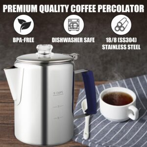 APOXCON Multi Use Percolator Coffee Pot Stainless Steel Stove Top Coffee Maker with Two Borosilicate Glass Knob Silica Handle Camping Coffee Pot Using on Campfire Stove & Induction Cooker Silver 9 Cup