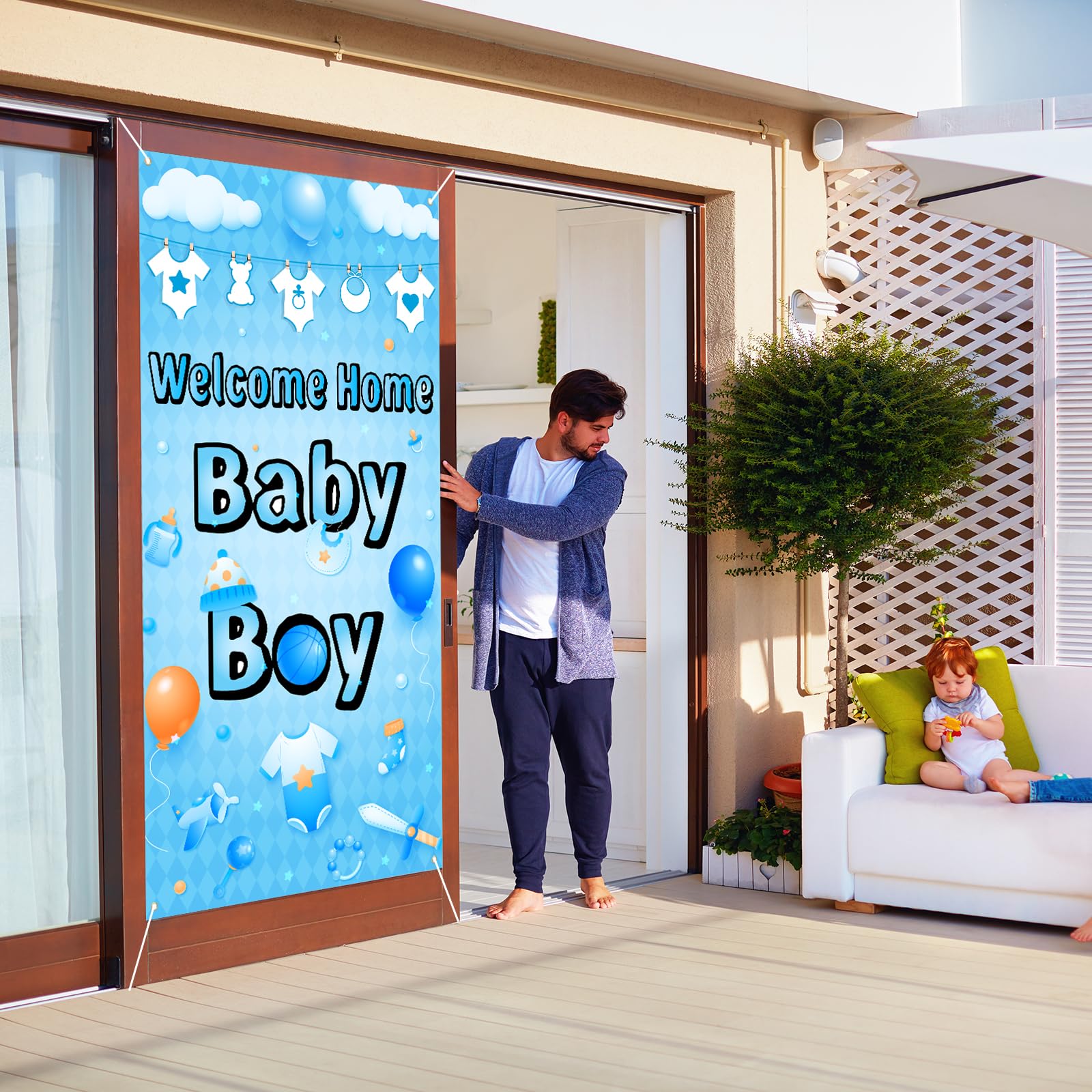 Labakita Welcome Home Baby Boy Door Banner, It’s a Boy Welcome Baby Boy Banner, Baby Shower Decorations for Boys, Gender Reveal Baby Shower Door Sign Party Decoration Inside Outside