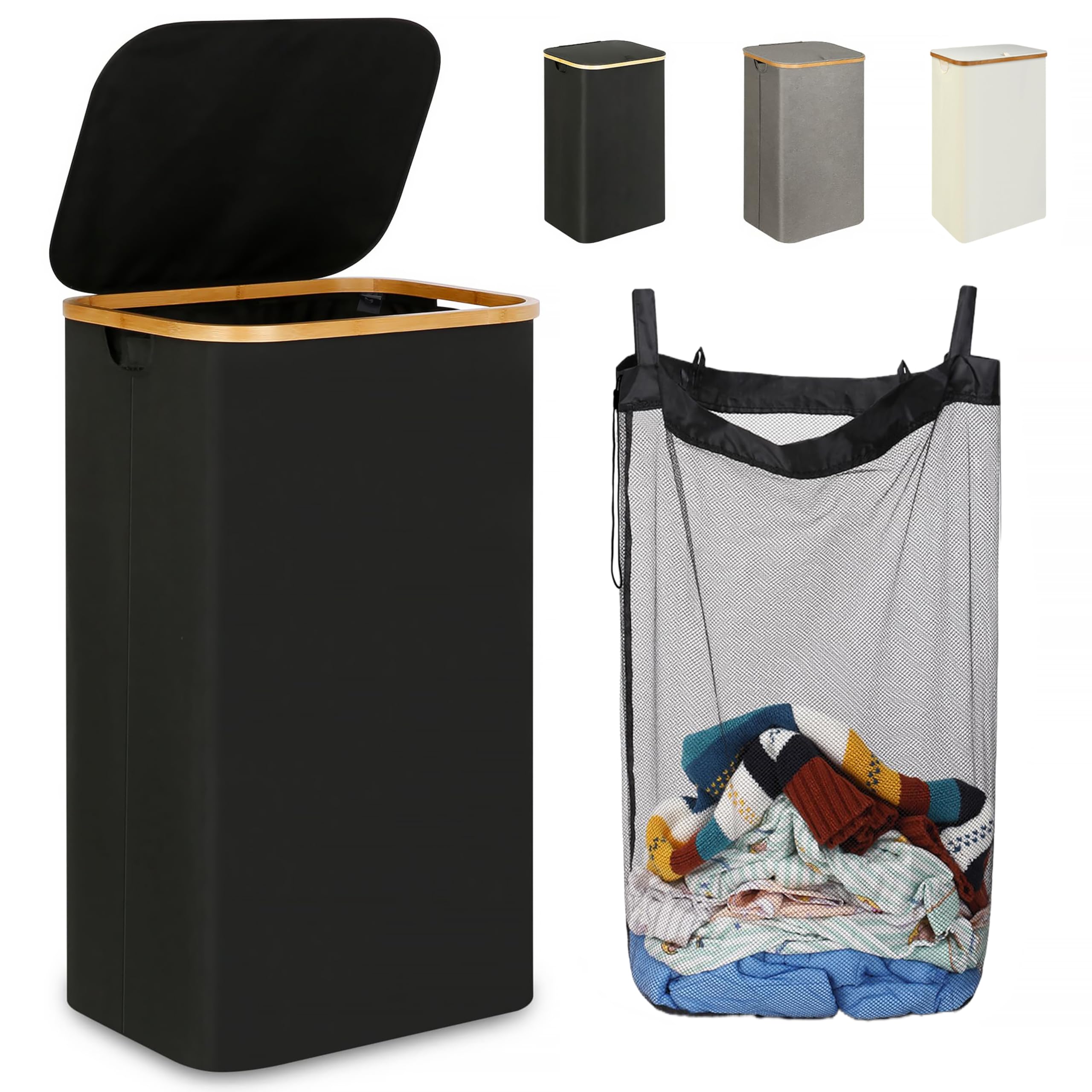 YCJYZLF Large Laundry Hamper with Lid and Bamboo Handles,Tall Collapsible Laundry Basket with Lid and Removable Laundry Bag,Foldable Clothes Hampers for Laundry,Bedroom,Dorm,Towels,Toys (100L,Black)