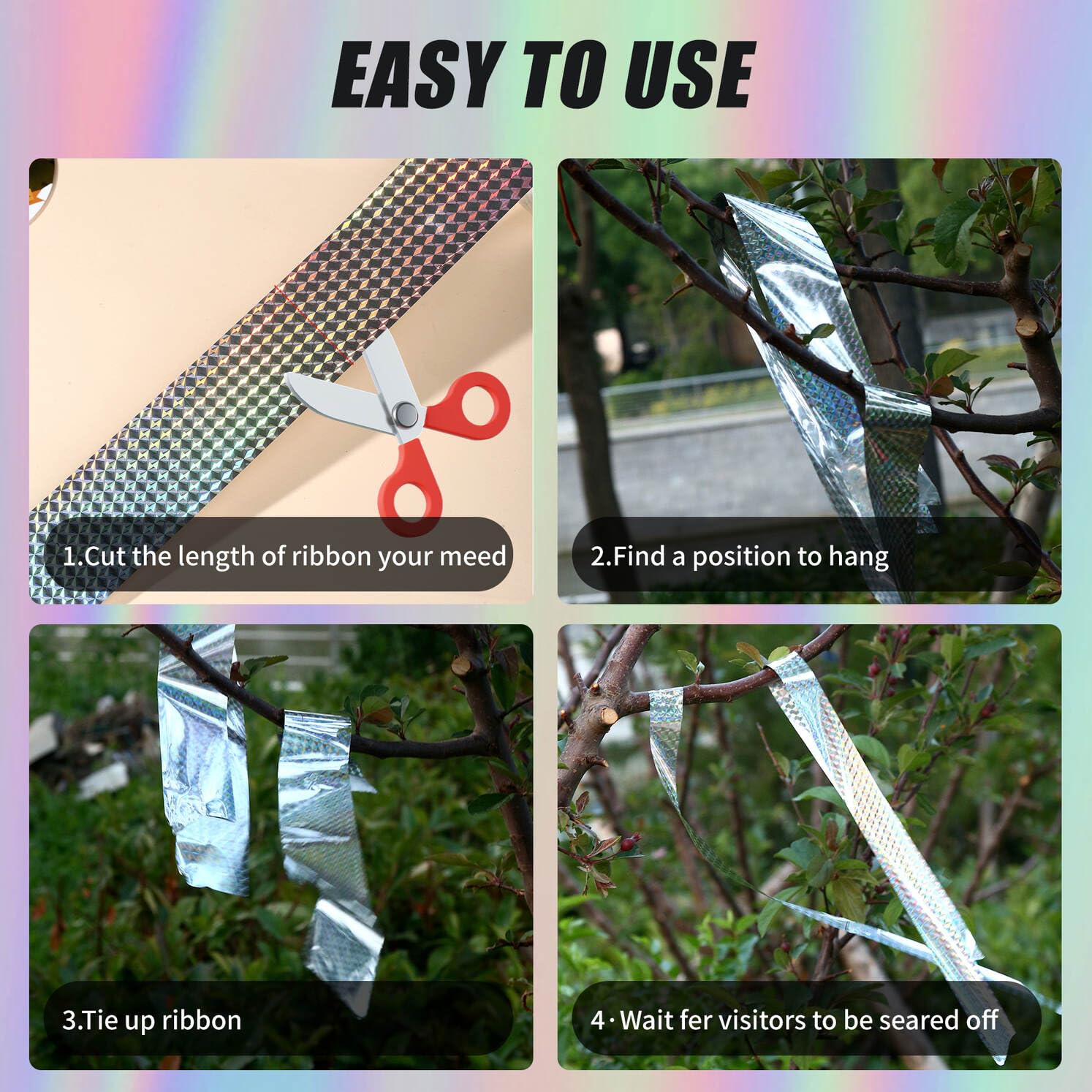 Bird Tape Repellent - Double Reflective Tape Ribbon, Bird Scare Tape, Effective Against Birds and Animals, Ideal for Gardens, Orchards, Farms and Outdoor Areas(2IN * 360FT)