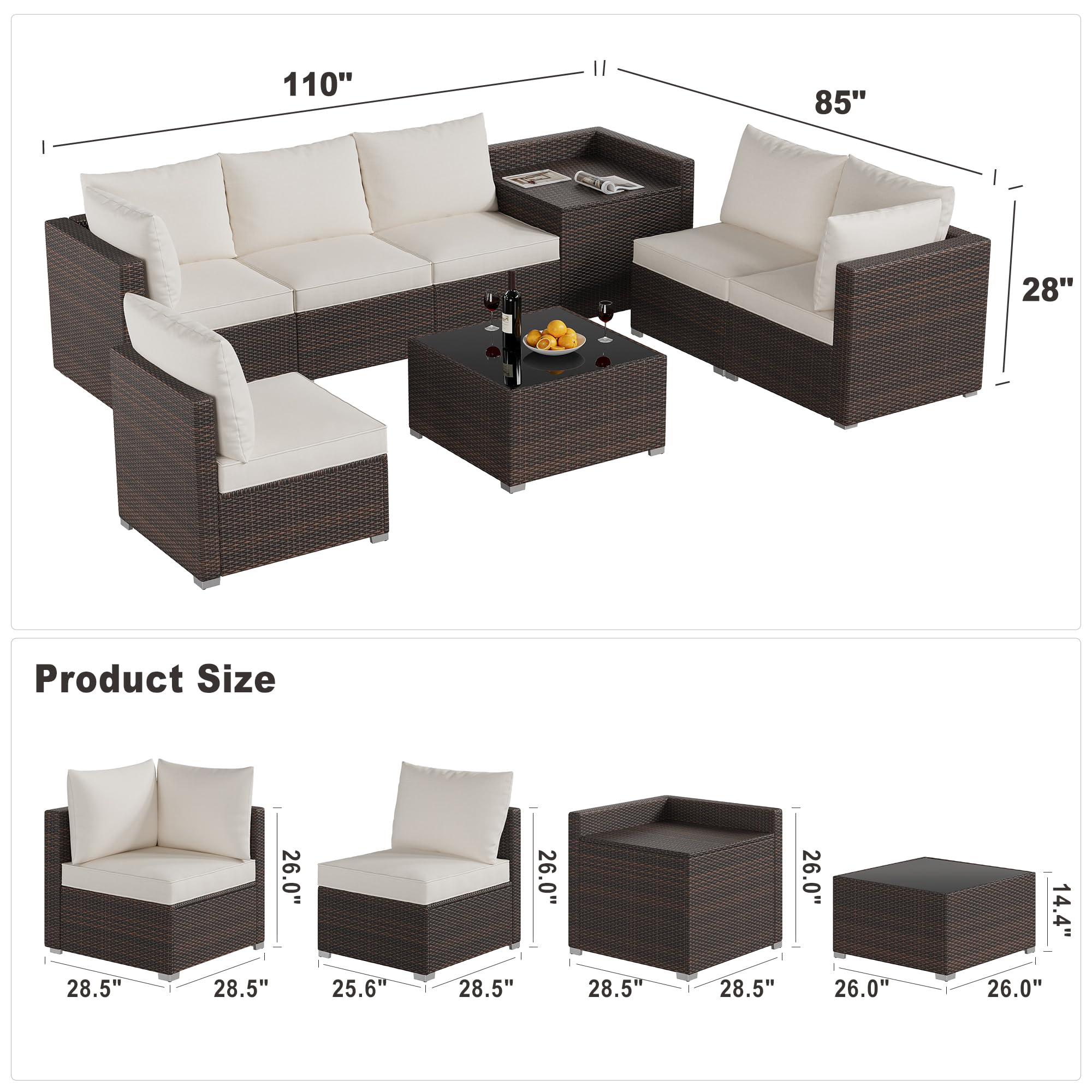 IDEALHOUSE 8 Pieces Outdoor Patio Furniture Set with Storage, 4 Inch Cushions Outdoor Wicker Rattan Patio Furniture Sectional Set with Glass Table and Hidden Storage Box, Brown