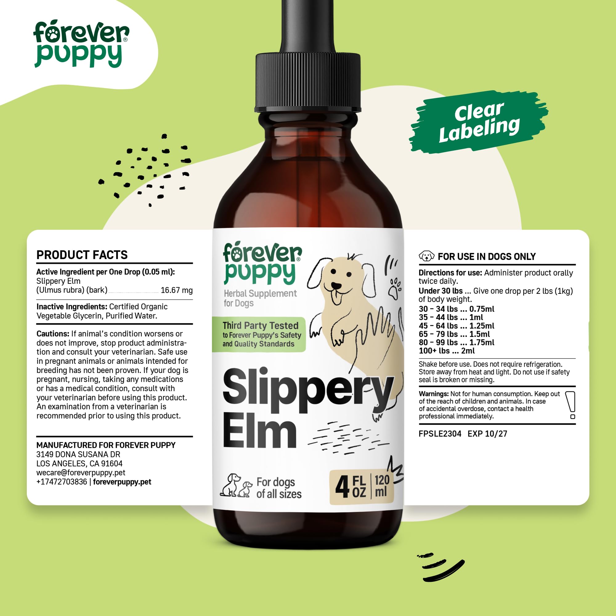 Slippery Elm Drops for Dogs - Gut Health Supplement w/Slippery Elm Bark - Soluble Fiber Digestive Drops for Dogs - Liquid Dog Vitamins and Supplements for Pet's Happy Tummy - 4 oz