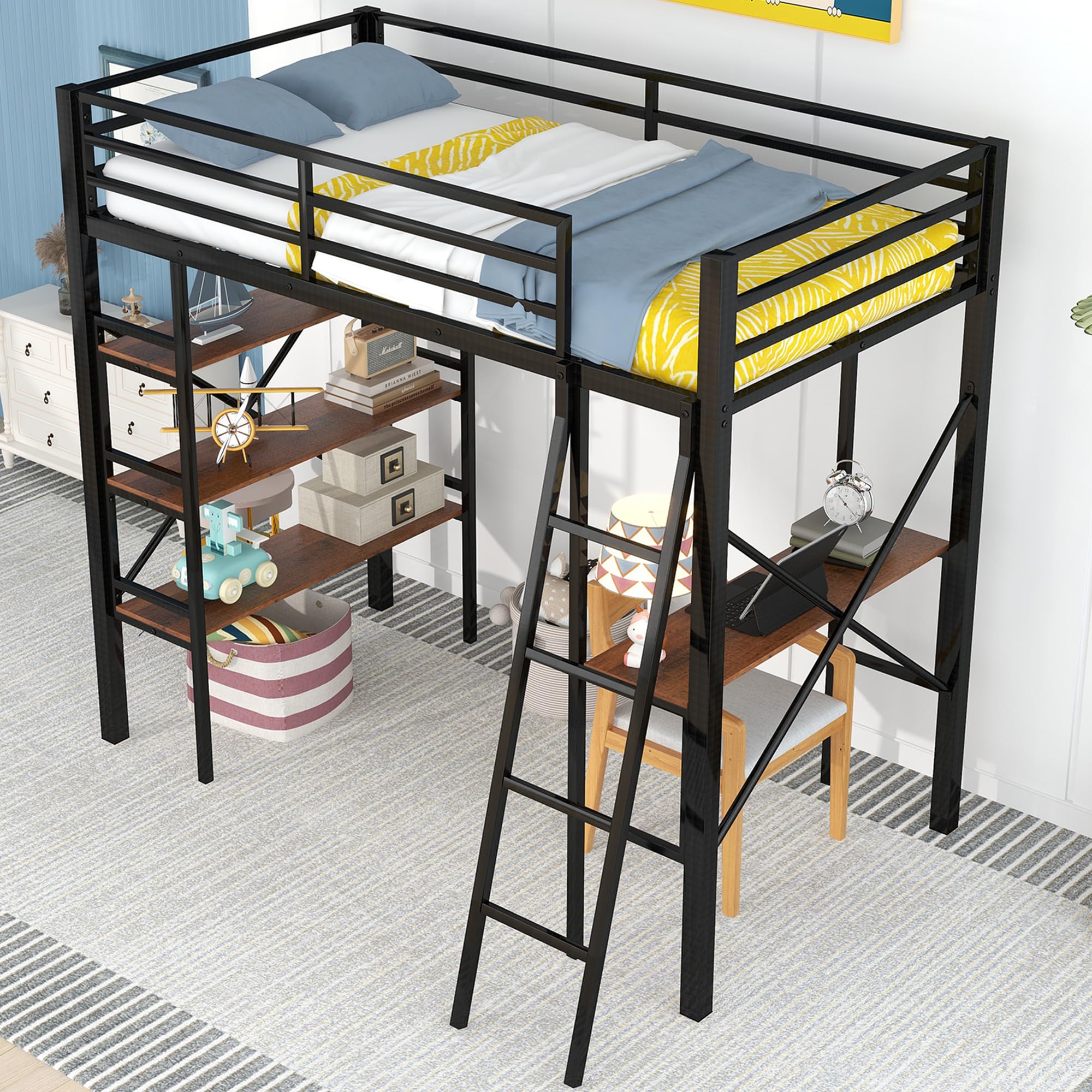 Kids Metal Loft Bed Twin Size, Twin Loft Bed with Desk and Storage, Twin Size Loft Bed with Full Length Guardrail and Ladder, Heavy Duty Loft Bed for Kids, (Twin Black)