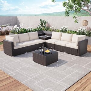 IDEALHOUSE 8 Pieces Outdoor Patio Furniture Set with Storage, 4 Inch Cushions Outdoor Wicker Rattan Patio Furniture Sectional Set with Glass Table and Hidden Storage Box, Brown