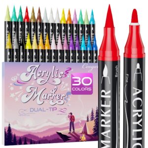 30 colors dual tip acrylic paint markers,fine tip and brush tip permanent acrylic paint pens for rock painting, canvas, wood, glass, ceramic, fabric, plastic, egg, scrapbook,art painting supplies kit