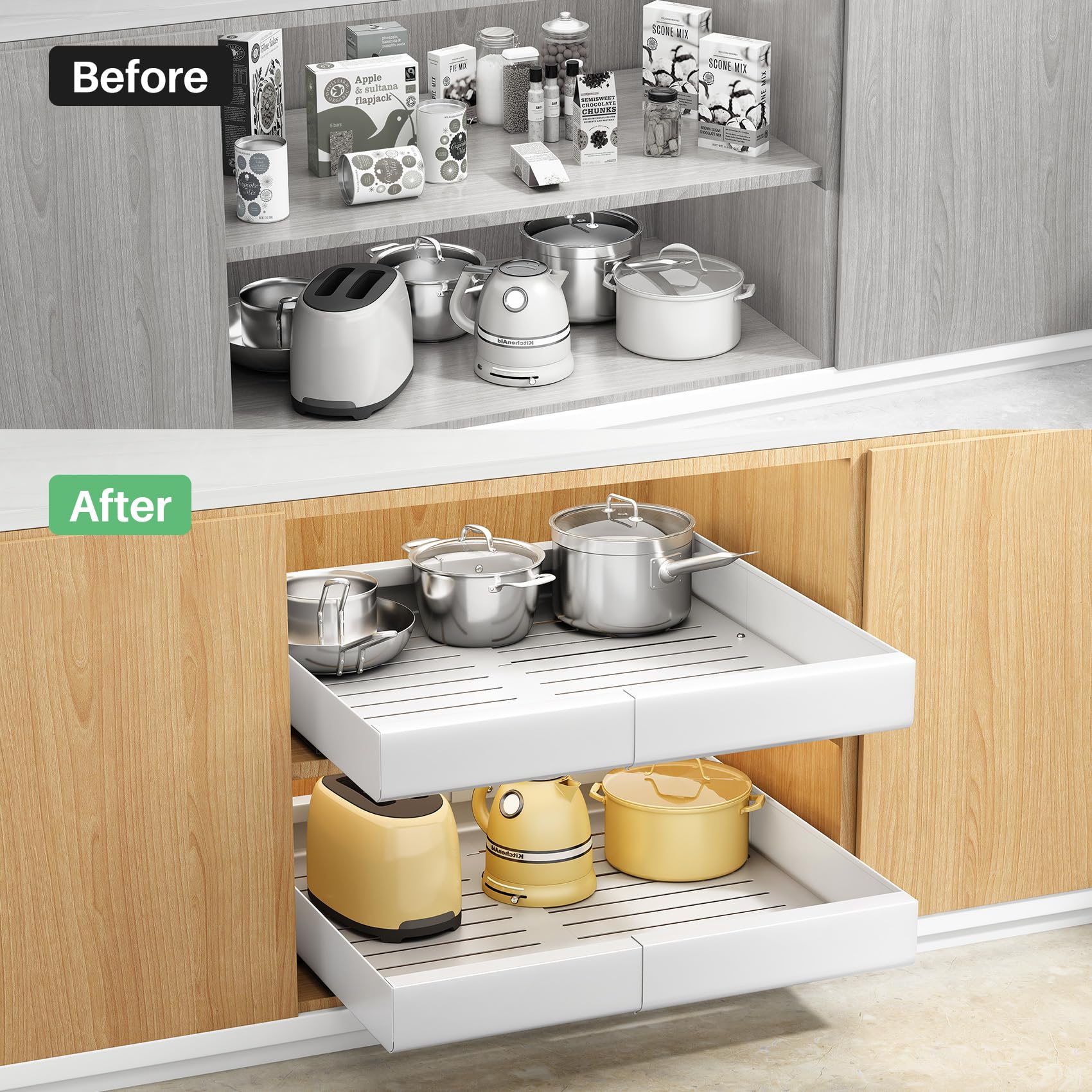 Pull out Cabinet Organizers, Expandable(11.7"-19.7")no Drill Slide out Drawer for Kitchen Cabinets,Heavy Duty Adjustable Adhesive Peel and Stick Roll out Under Sink Shelves for Home Bathroom Storage