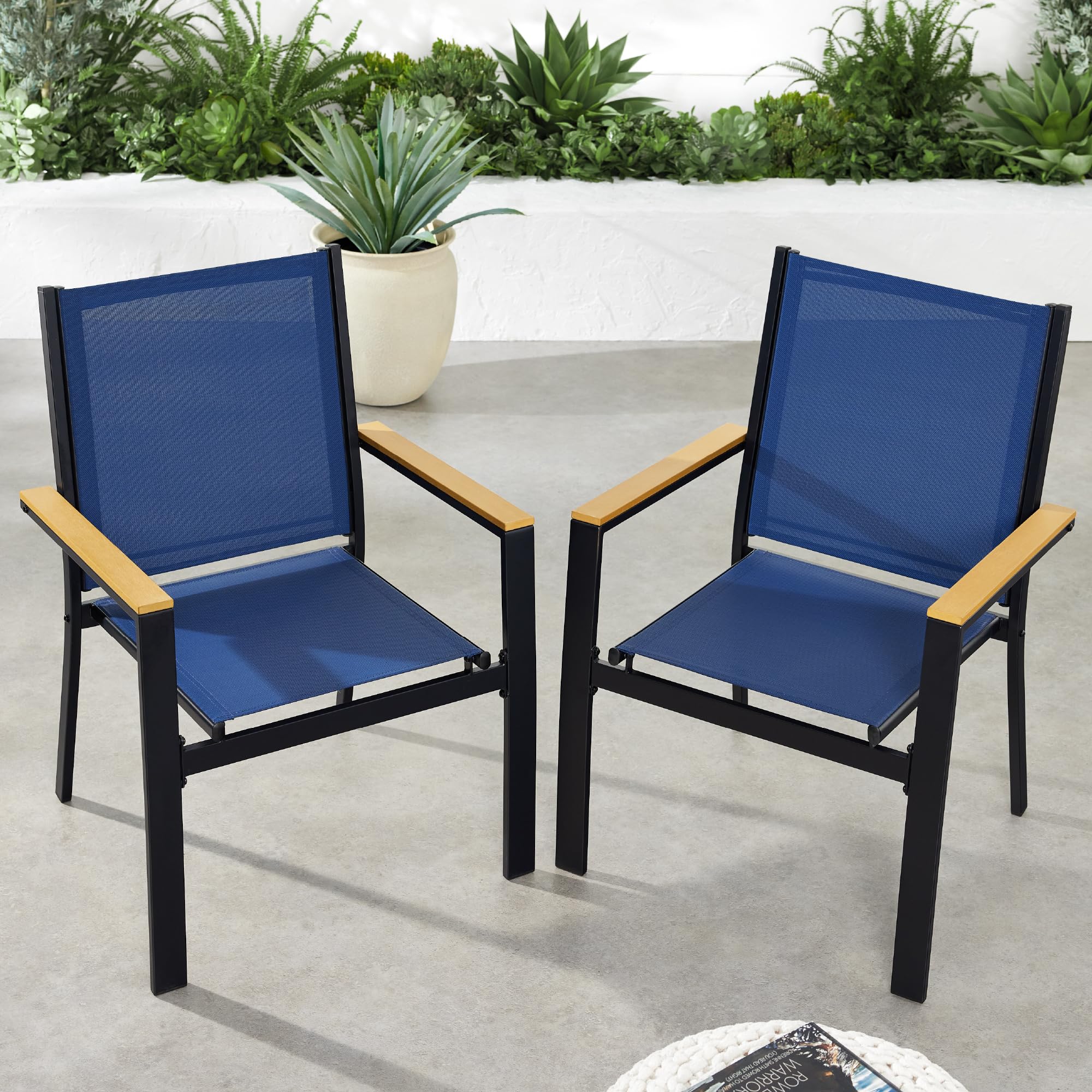 Best Choice Products Set of 2 Stackable Outdoor Textilene Chairs, All-Weather Conversation Dining Accent Furniture w/Armrests - Black/Navy