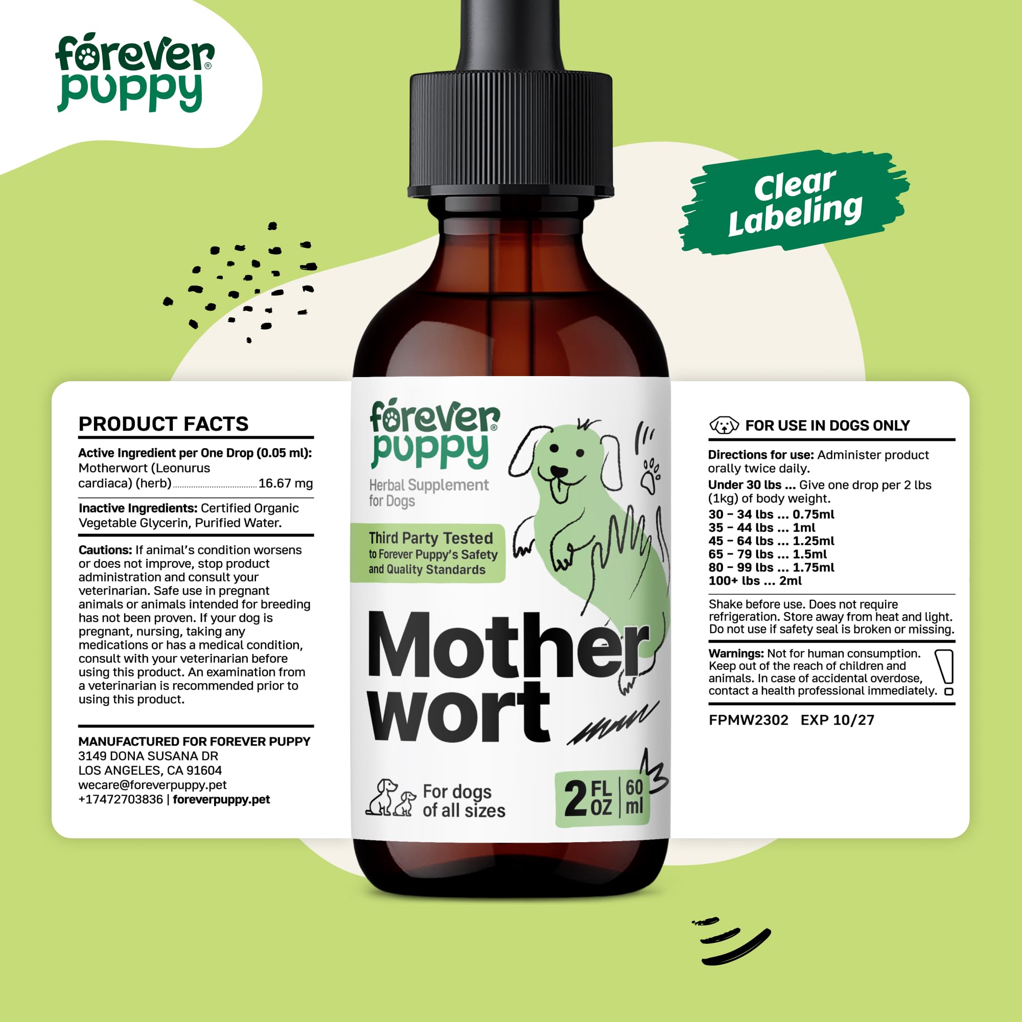 Motherwort Drops for Dogs - Heart Support for Dogs - Calming Support Supplement w/Motherwort Herb - Liquid Dog Vitamins and Supplements for Health, Composure & Relaxation - Herbal Dog Care - 2 oz