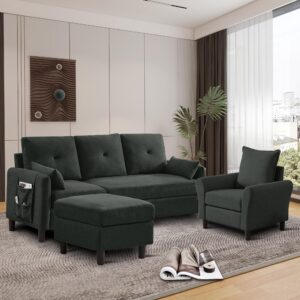 2 Piece Convertible Sectional Sofa Set for Living Room, 3-Seat L Shaped Couch with Ottoman Side Pocket Single Seat Accent Chair Polyester Fibre Black