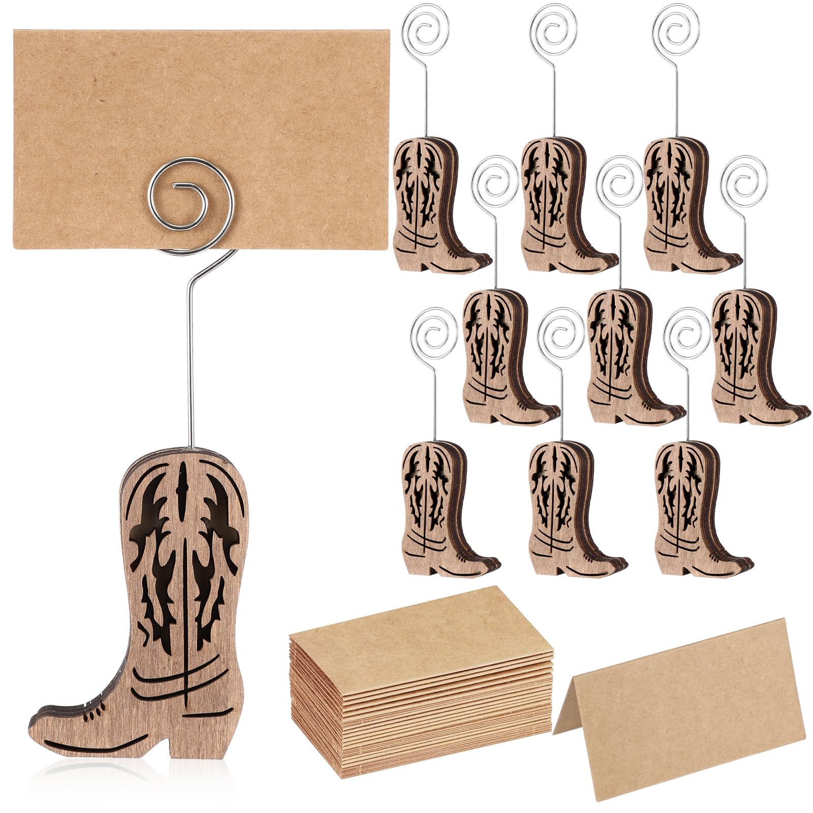 Havawish 10 Pcs Wood Cowboy Boot Place Card Holders and 10 Pcs Kraft Table Place Cards Cowboy Boots Table Number Holders Photo Holder Menu Memo Clips Cowboy Boot Decorations for Wedding Party Favors