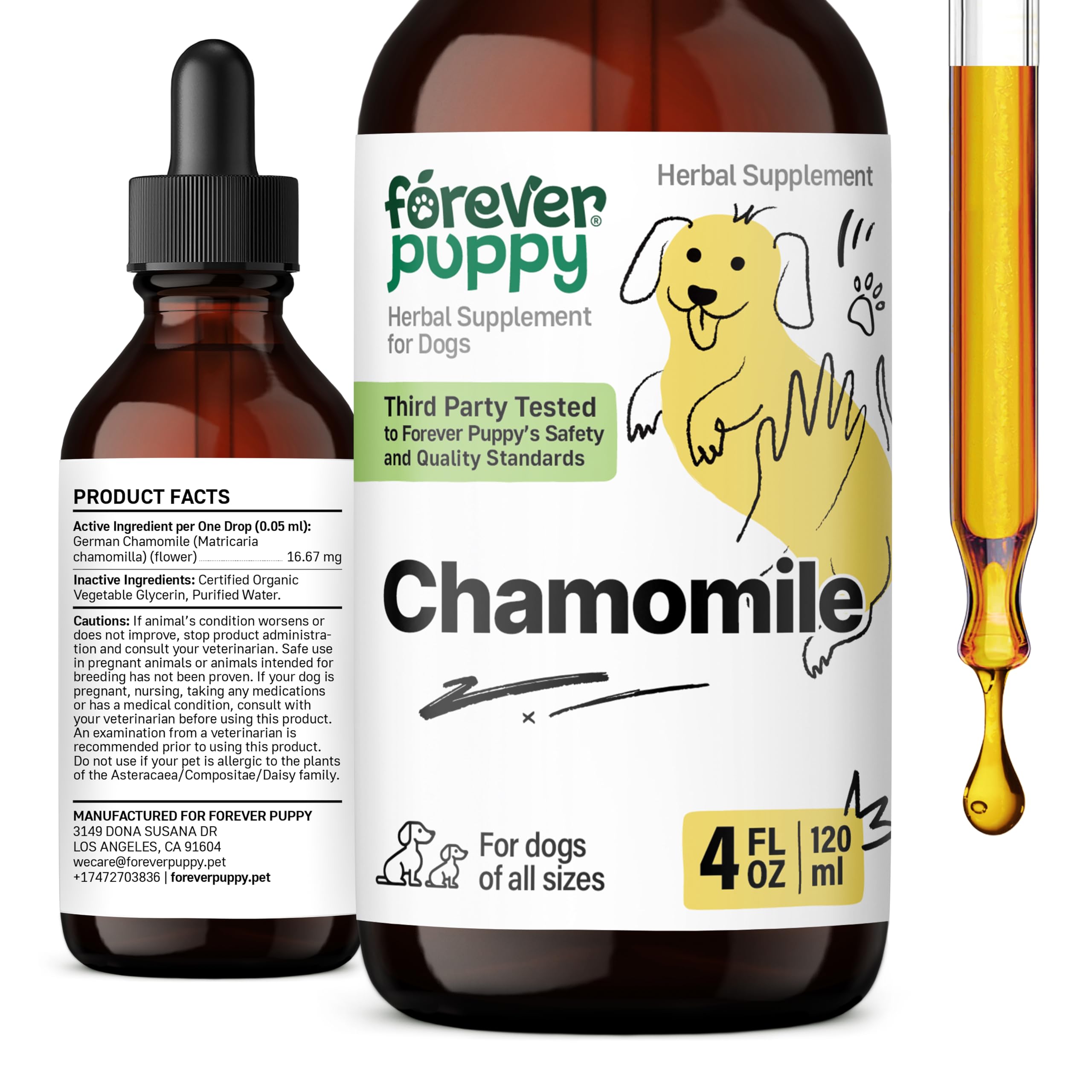 Chamomile Tincture for Dogs - Digestive Health Supplement - Chamomile Liquid Extract for Gas Relief - Gut Support Drops - Liquid Vitamins and Supplements for Pets of All Breeds & Sizes - 4 fl oz