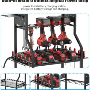 CCCEI Garage Small Power Tools Organizer Floor Stand, Drill and Battery Storage Rack with Charging Station, All Metal Tool Shelf with Pegboard and Hooks, Gift for Men.