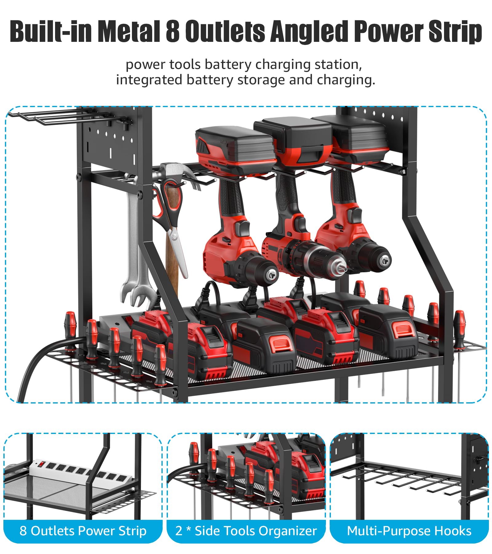 CCCEI Garage Small Power Tools Organizer Floor Stand, Drill and Battery Storage Rack with Charging Station, All Metal Tool Shelf with Pegboard and Hooks, Gift for Men.