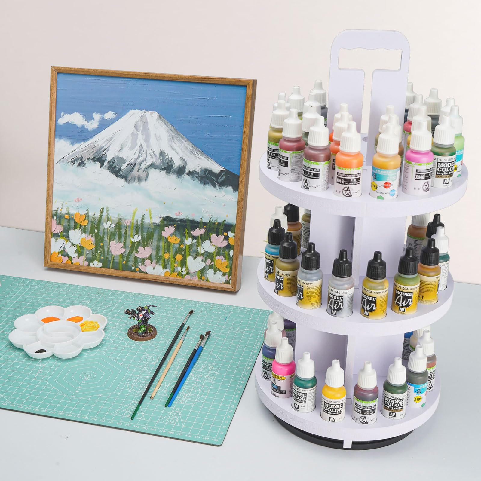 SANFURNEY 3 Tiers Spinning Paint Organizer Rack for 17ml Paint Dropper Bottle, 60 Holes Craft Paint Rotating Tower, Desktop Paint Storage Holder Stand for 17ml Vallejo, Army Painter, AK Interactive