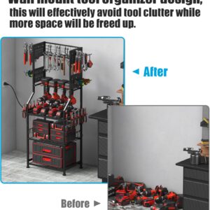 CCCEI Garage Small Power Tools Organizer Floor Stand, Drill and Battery Storage Rack with Charging Station, All Metal Tool Shelf with Pegboard and Hooks, Gift for Men.