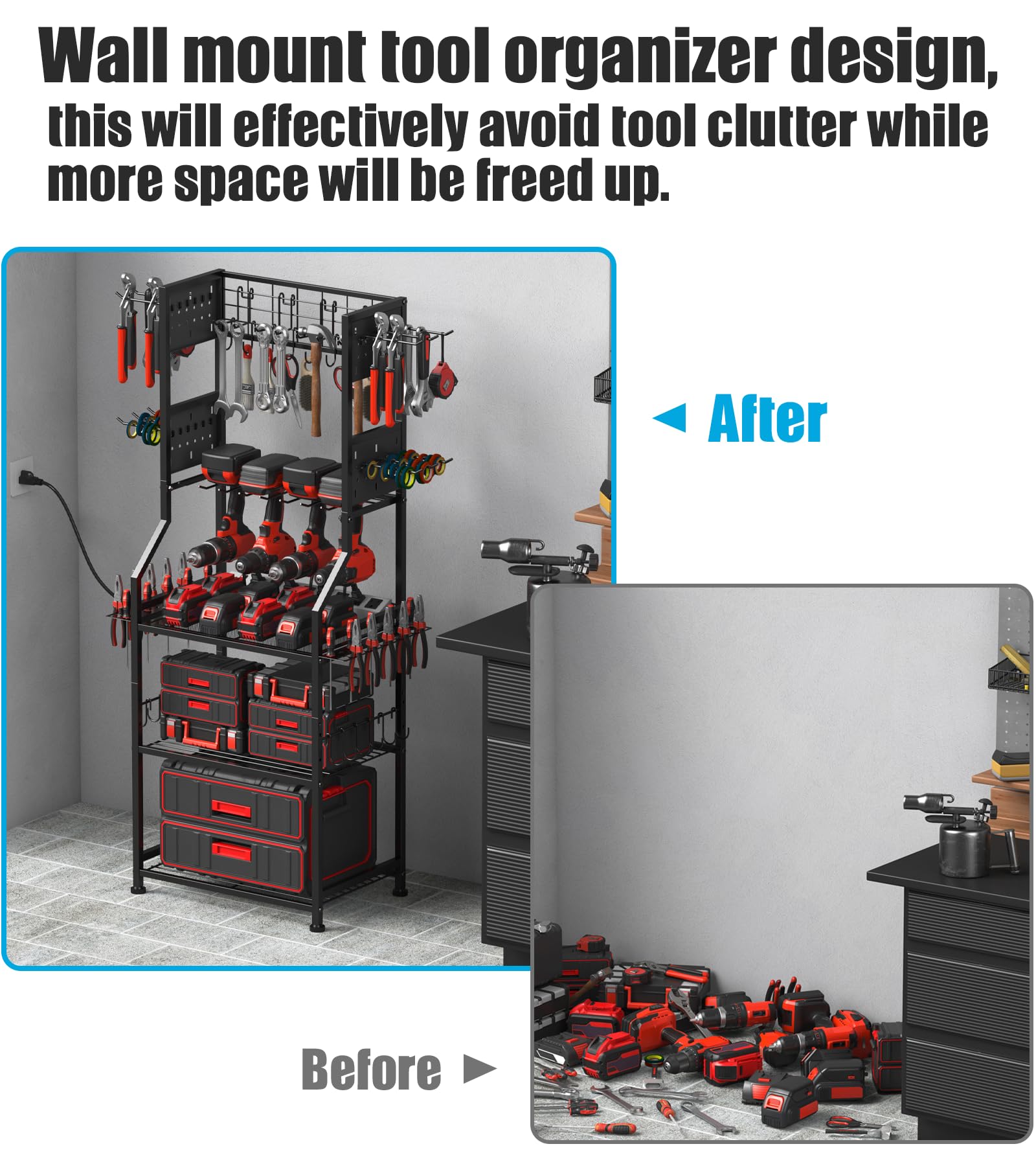 CCCEI Garage Small Power Tools Organizer Floor Stand, Drill and Battery Storage Rack with Charging Station, All Metal Tool Shelf with Pegboard and Hooks, Gift for Men.