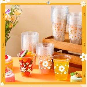 Yaomiao 50 Pieces Daisy Plastic Cups 12 Oz Bulk Retro Hippie Clear Disposable Cups Daisy Flower Drinking Beverage Cups for Birthday Baby Shower Bridal Shower Bachelorette Party Decoration Supplies