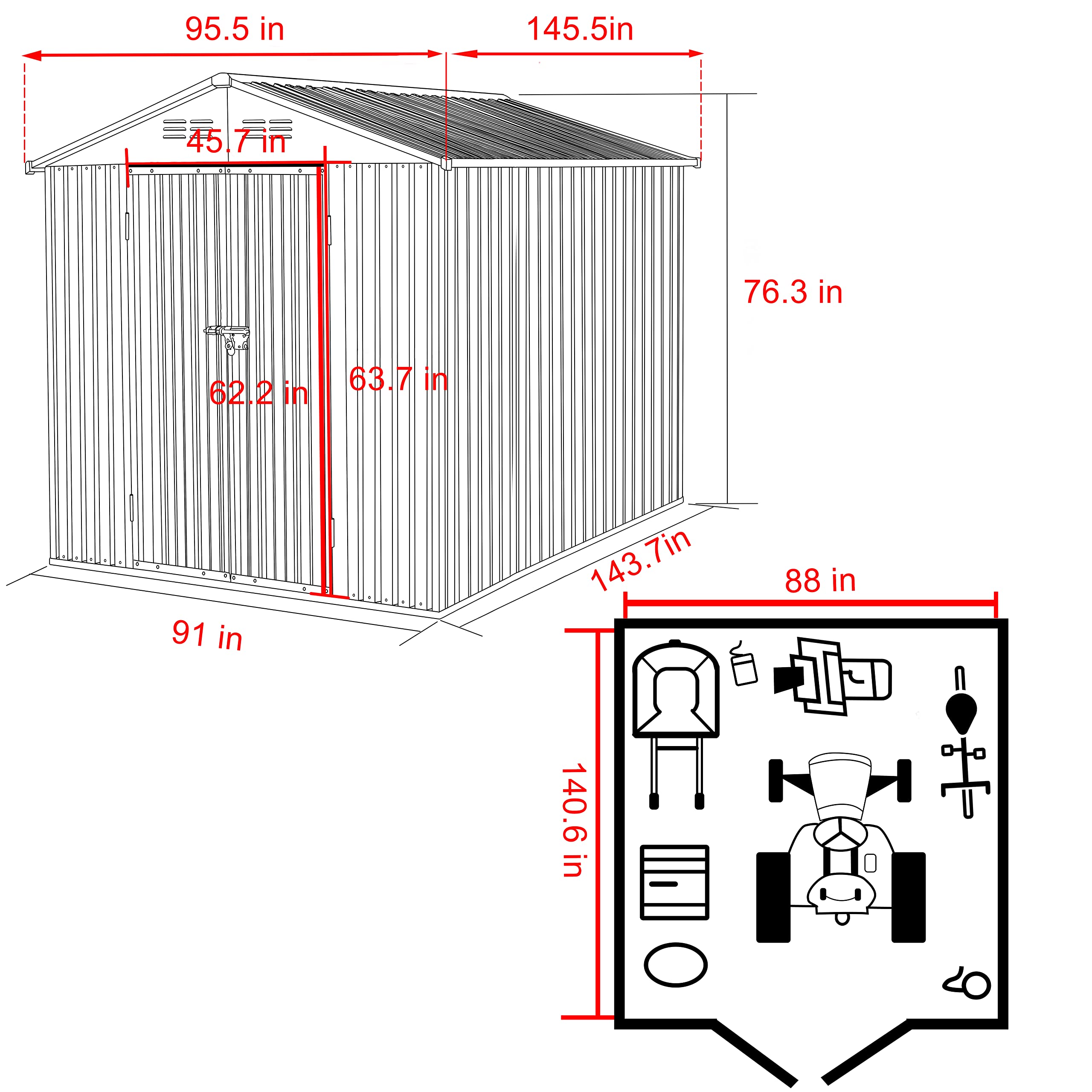 VEIKOU 8 x 12 FT Storage Shed, Outdoor Shed with Thickened Galvanized Steel, Lockable Door, Air Vents, Sheds & Outdoor Storage for Patio, Grey