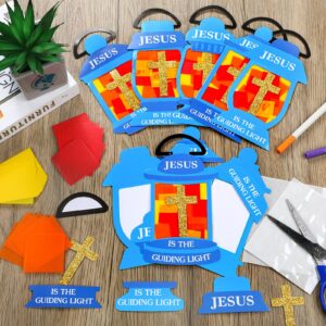 Lunmon 24 Sets Religious Crafts for Kids Bulk Jesus Lights The Way Tissue Acetate Sign Kit DIY Oil Lamp Tissue Paper Craft with Jesus Light Cutouts Tissue Paper Cross for Sunday School Fun Home Church