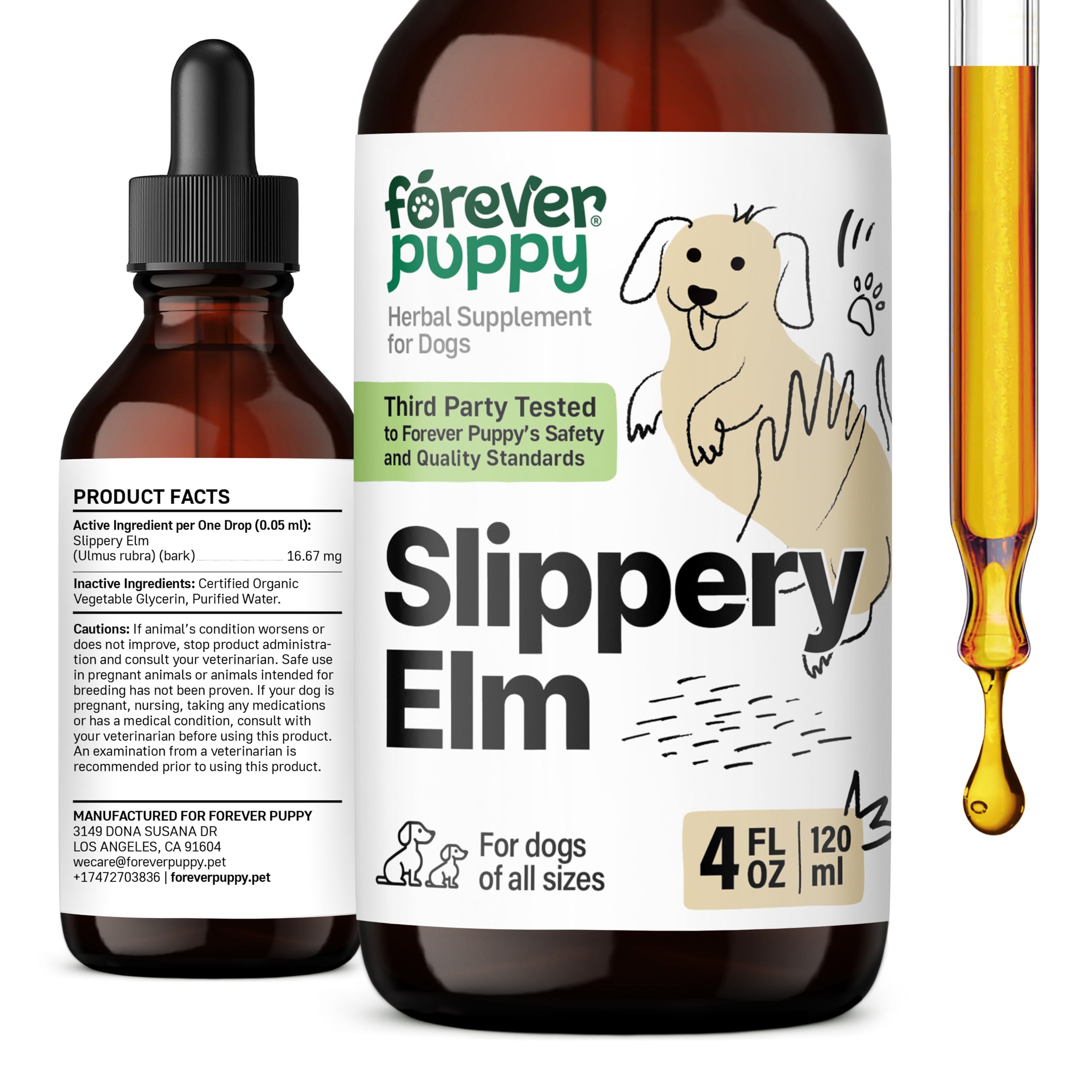 Slippery Elm Drops for Dogs - Gut Health Supplement w/Slippery Elm Bark - Soluble Fiber Digestive Drops for Dogs - Liquid Dog Vitamins and Supplements for Pet's Happy Tummy - 4 oz