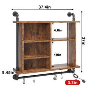 REIBII 37" Floating Shelves for Wall with Led Wall Shelves for Kitchen Storage Industrial Pipe Shelving with 8 S-Hook Wood Wall Mounted Shelves for Bathroom Wall Wine Coffee Bar Rack Halloween Decor