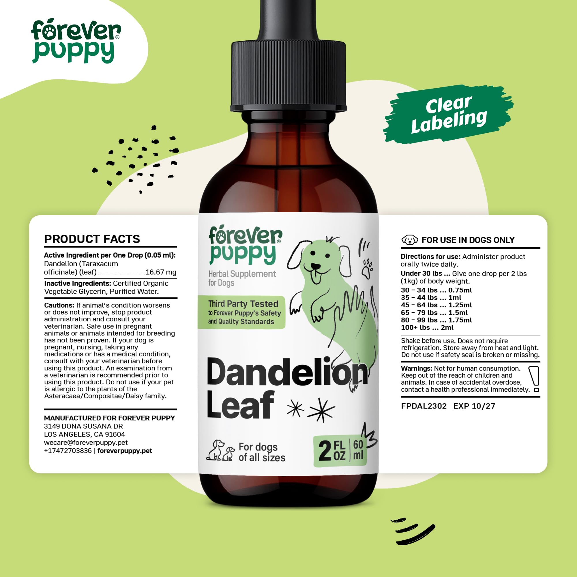 Dandelion Leaf Tincture for Dogs - Kidney Supplements for Dogs of All Breeds & Sizes - Dandelion Drops for Dogs - Herbal Dog Kidney Supplement - Vegan Kidney and Bladder Support Vitamins - 2 oz